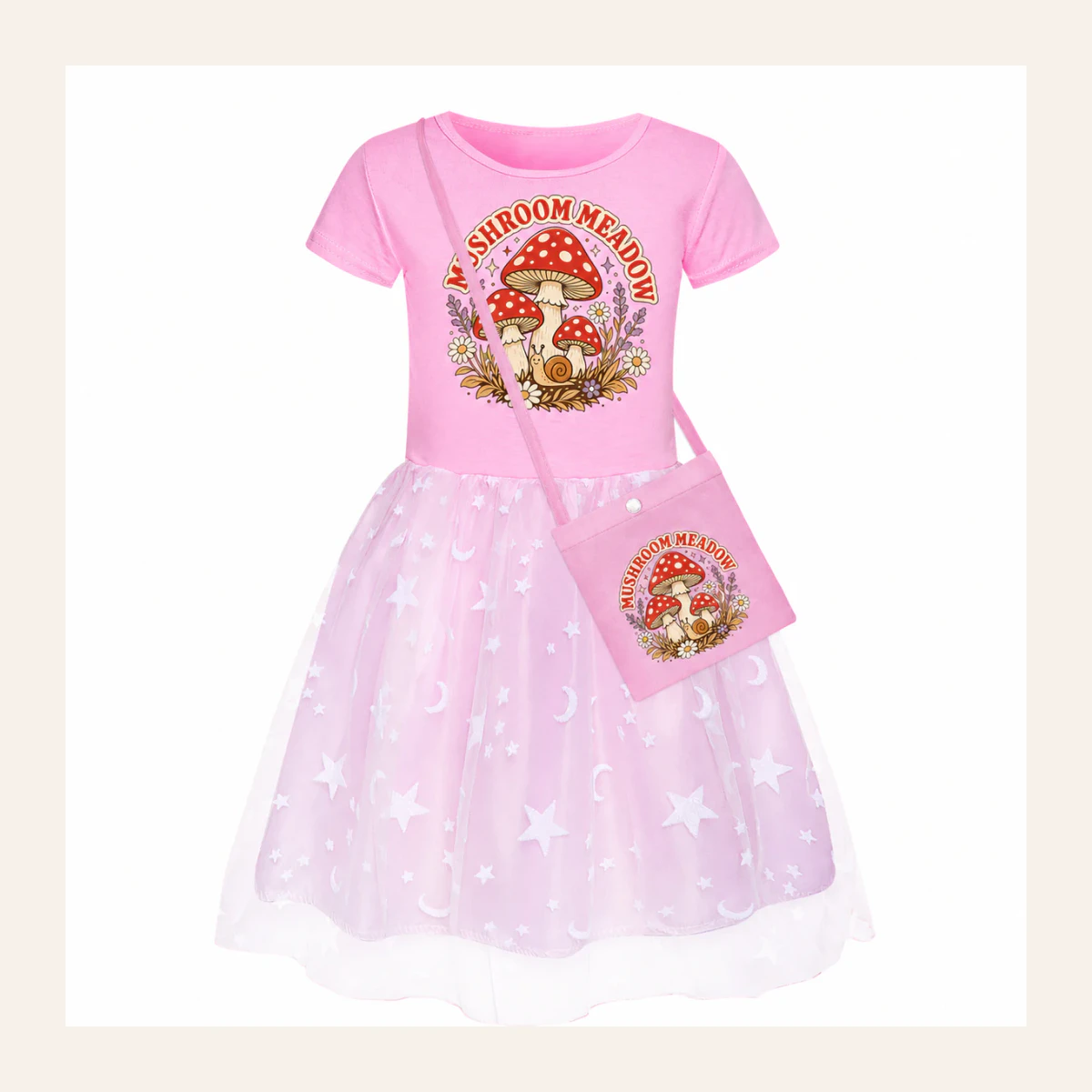 Mushroom Meadow Custom Girls Short Skirt Styles with Bag AI-rendered from the exact blank product, shown in an alternate clean ecommerce presentation