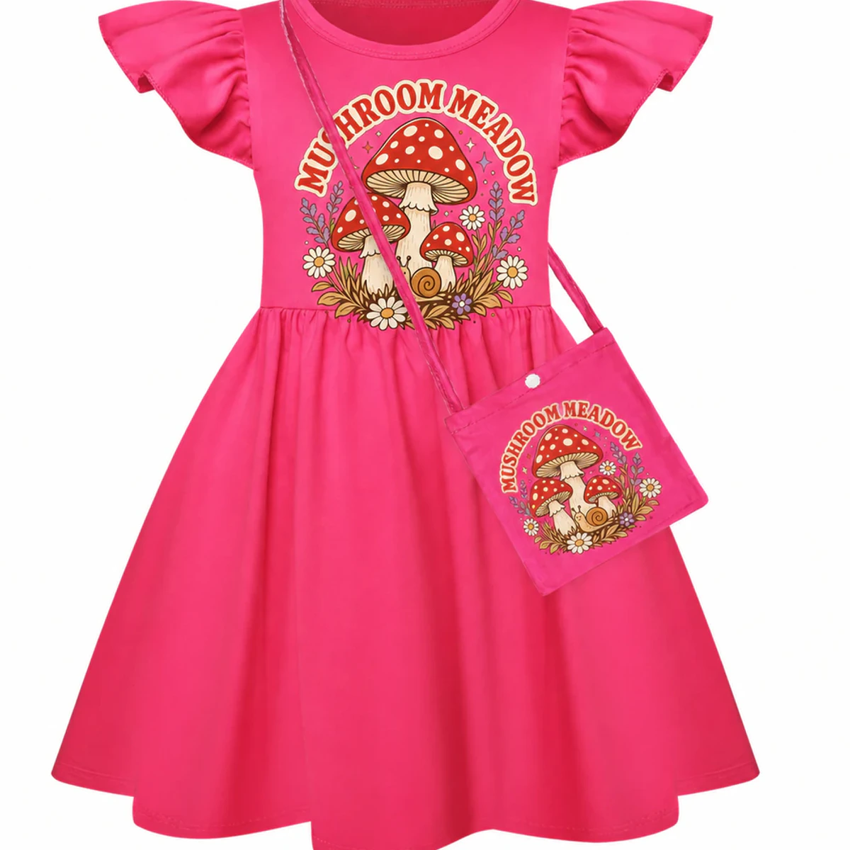 Mushroom Meadow Custom Girls Short-Sleeve Sleep Dress with Crossbody Bag AI-rendered from the exact blank product, showing integrated print and fabric detail