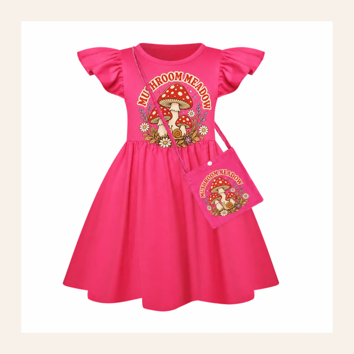 Mushroom Meadow Custom Girls Short-Sleeve Sleep Dress with Crossbody Bag AI-rendered from the exact blank product, shown in an alternate clean ecommerce presentation