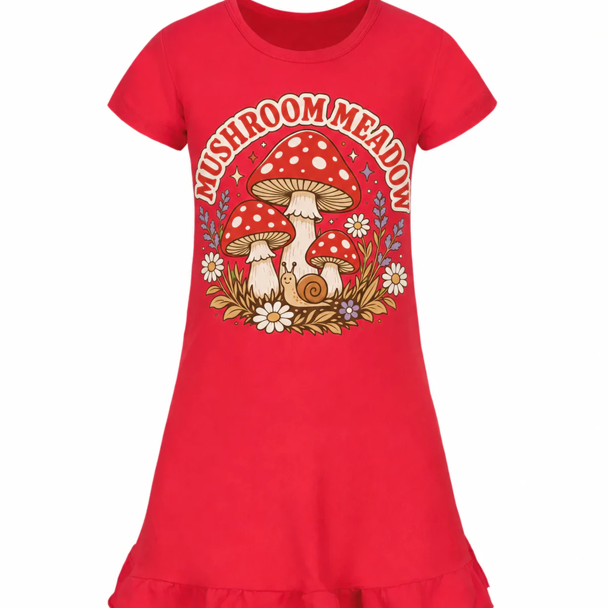 Mushroom Meadow Custom Girls Short-Sleeve Sleep Dress AI-rendered from the exact blank product, showing integrated print and fabric detail