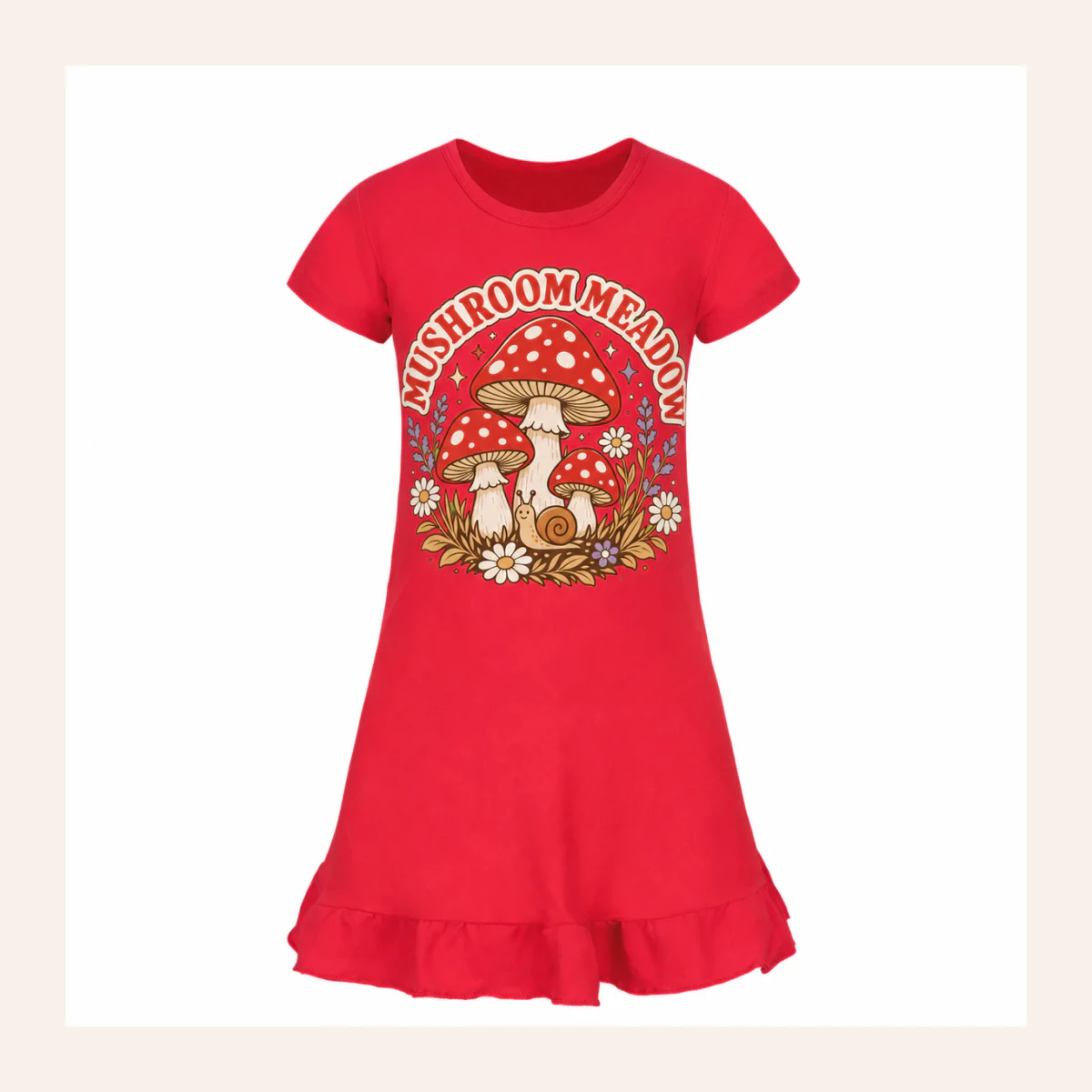 Mushroom Meadow Custom Girls Short-Sleeve Sleep Dress AI-rendered from the exact blank product, shown in an alternate clean ecommerce presentation