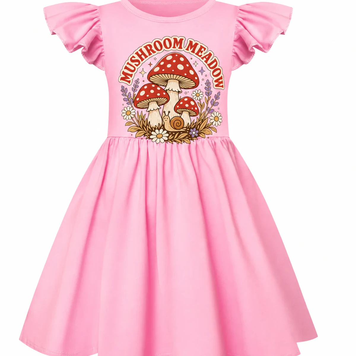 Mushroom Meadow Custom Girls Short-Sleeve Sleep Dress with Matching Bag AI-rendered from the exact blank product, showing integrated print and fabric detail