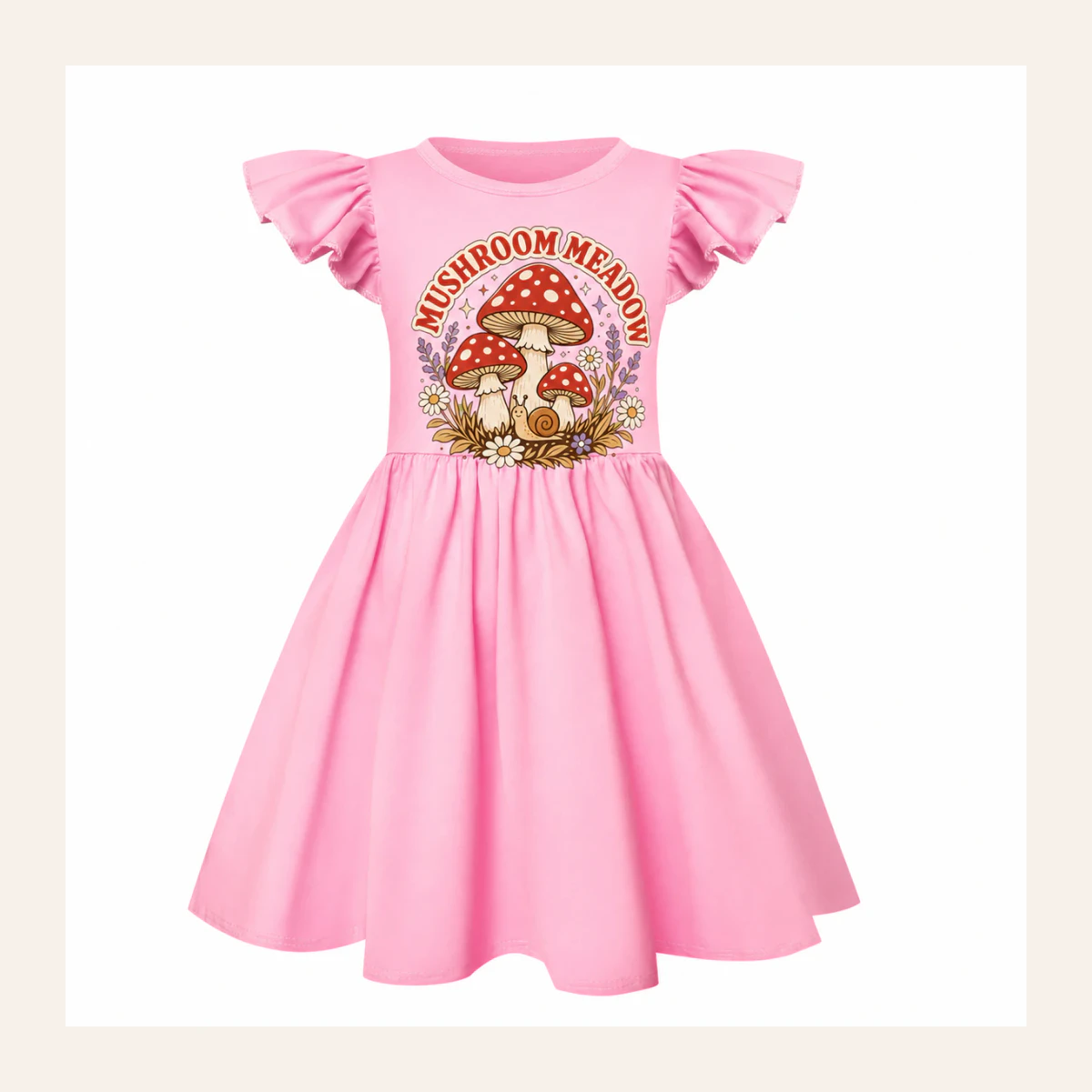 Mushroom Meadow Custom Girls Short-Sleeve Sleep Dress with Matching Bag AI-rendered from the exact blank product, shown in an alternate clean ecommerce presentation