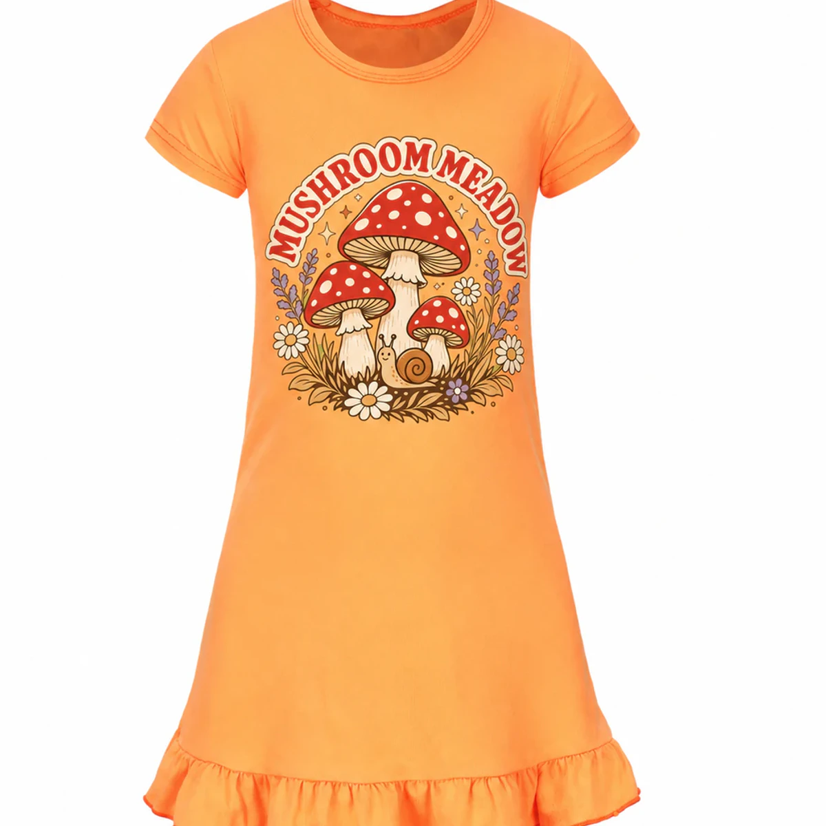 Mushroom Meadow Custom Girls Short-Sleeve Sleep Dress AI-rendered from the exact blank product, showing integrated print and fabric detail