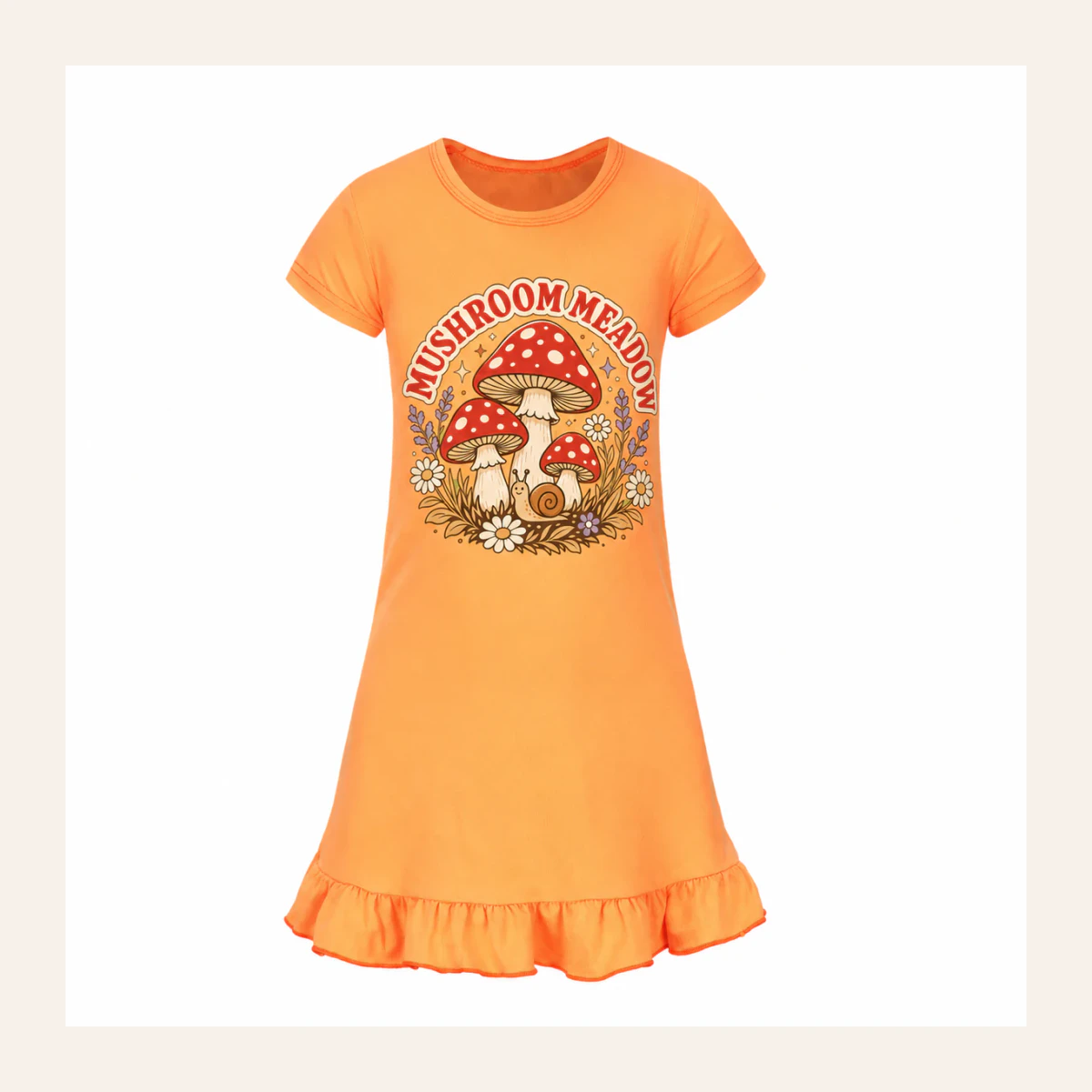 Mushroom Meadow Custom Girls Short-Sleeve Sleep Dress AI-rendered from the exact blank product, shown in an alternate clean ecommerce presentation