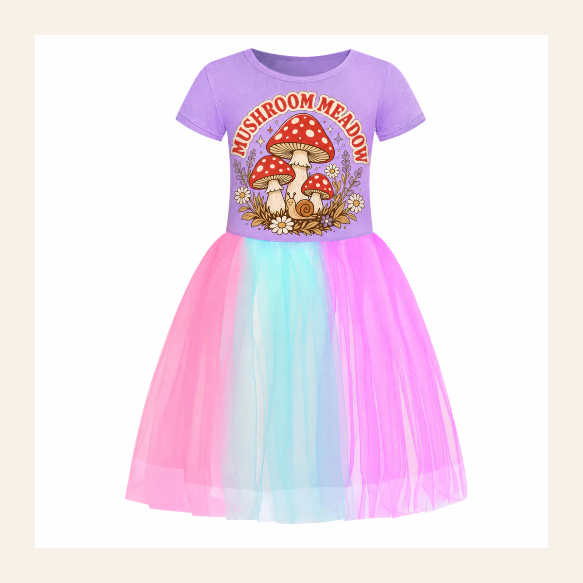 Mushroom Meadow Custom Girls Short Tulle and Classic Skirt Styles AI-rendered from the exact blank product, shown in an alternate clean ecommerce presentation
