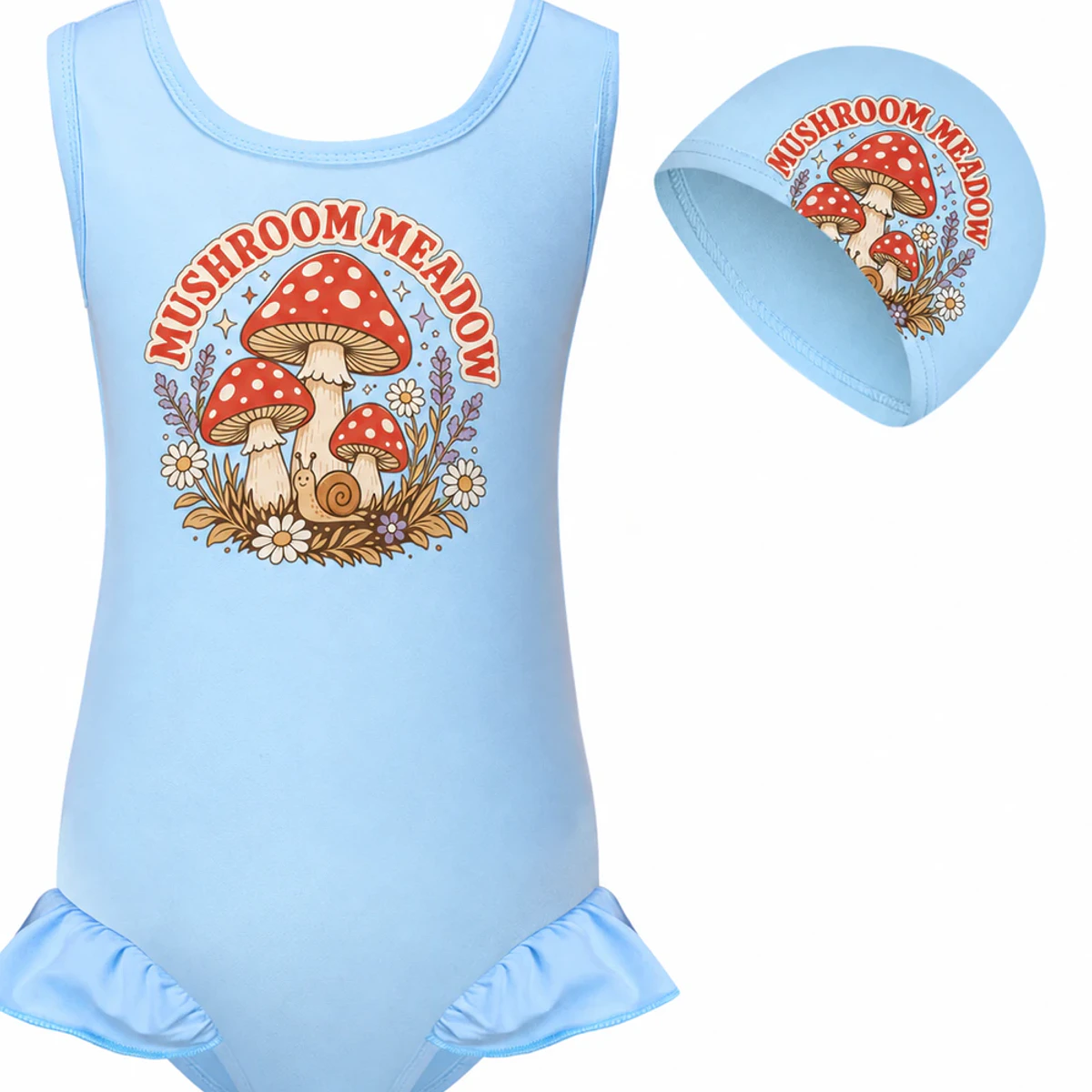 Mushroom Meadow Custom Girls Wide-Strap Swimsuit and Cap Set AI-rendered from the exact blank product, showing integrated print and fabric detail