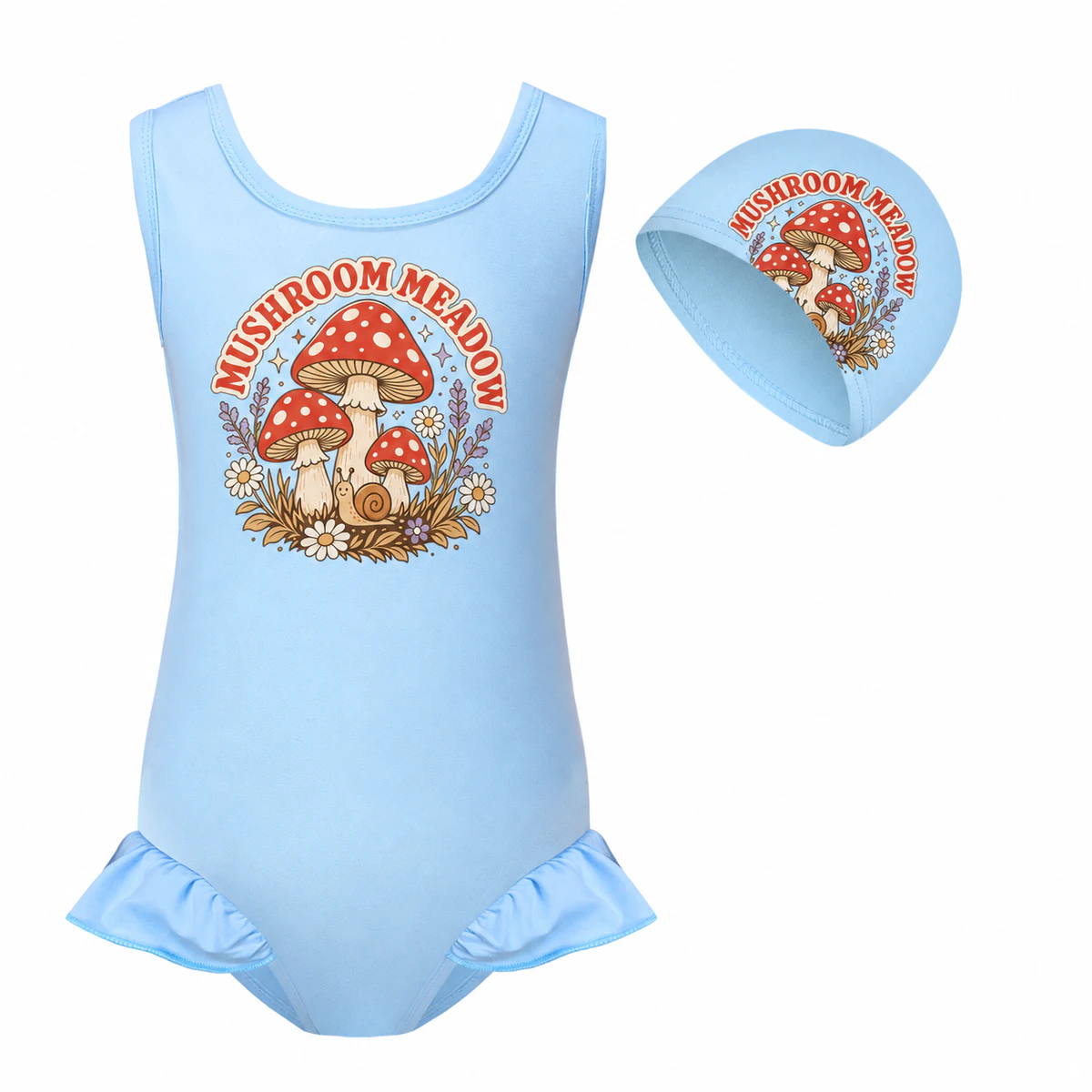 Mushroom Meadow Girls Wide-Strap Swimsuit and Cap Set for Kids product preview