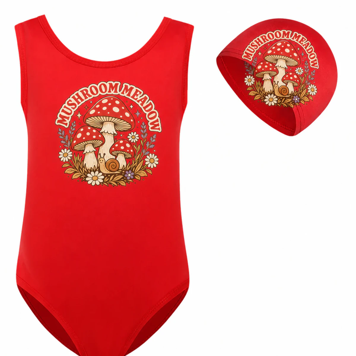 Mushroom Meadow Custom Girls Ruffle Swimsuit and Cap Set AI-rendered from the exact blank product, showing integrated print and fabric detail