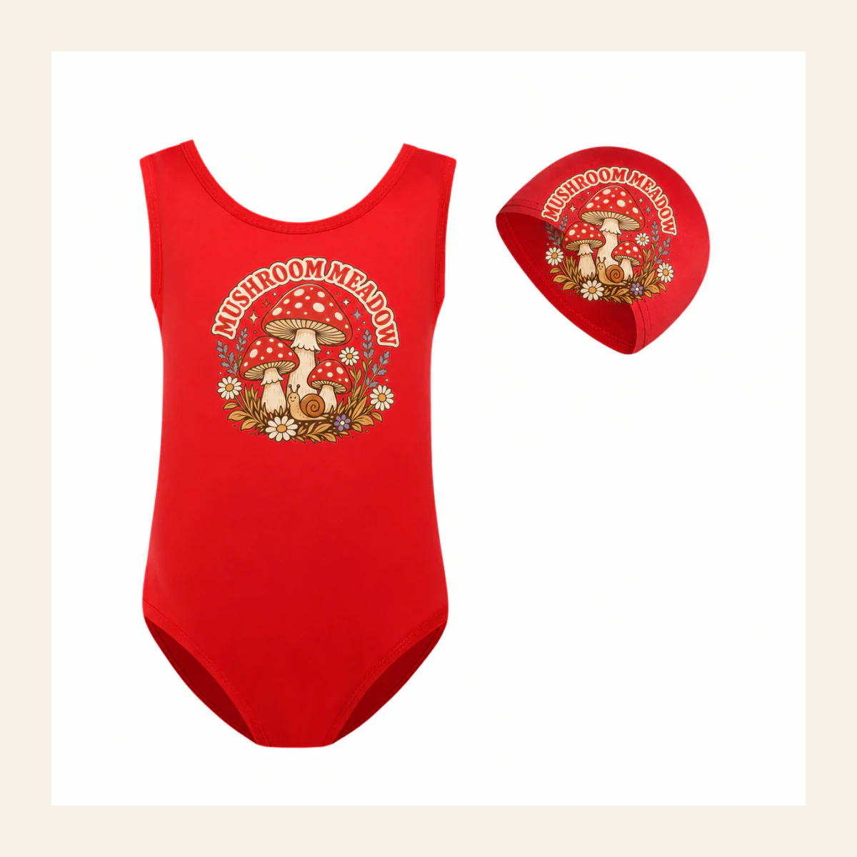 Mushroom Meadow Custom Girls Ruffle Swimsuit and Cap Set AI-rendered from the exact blank product, shown in an alternate clean ecommerce presentation