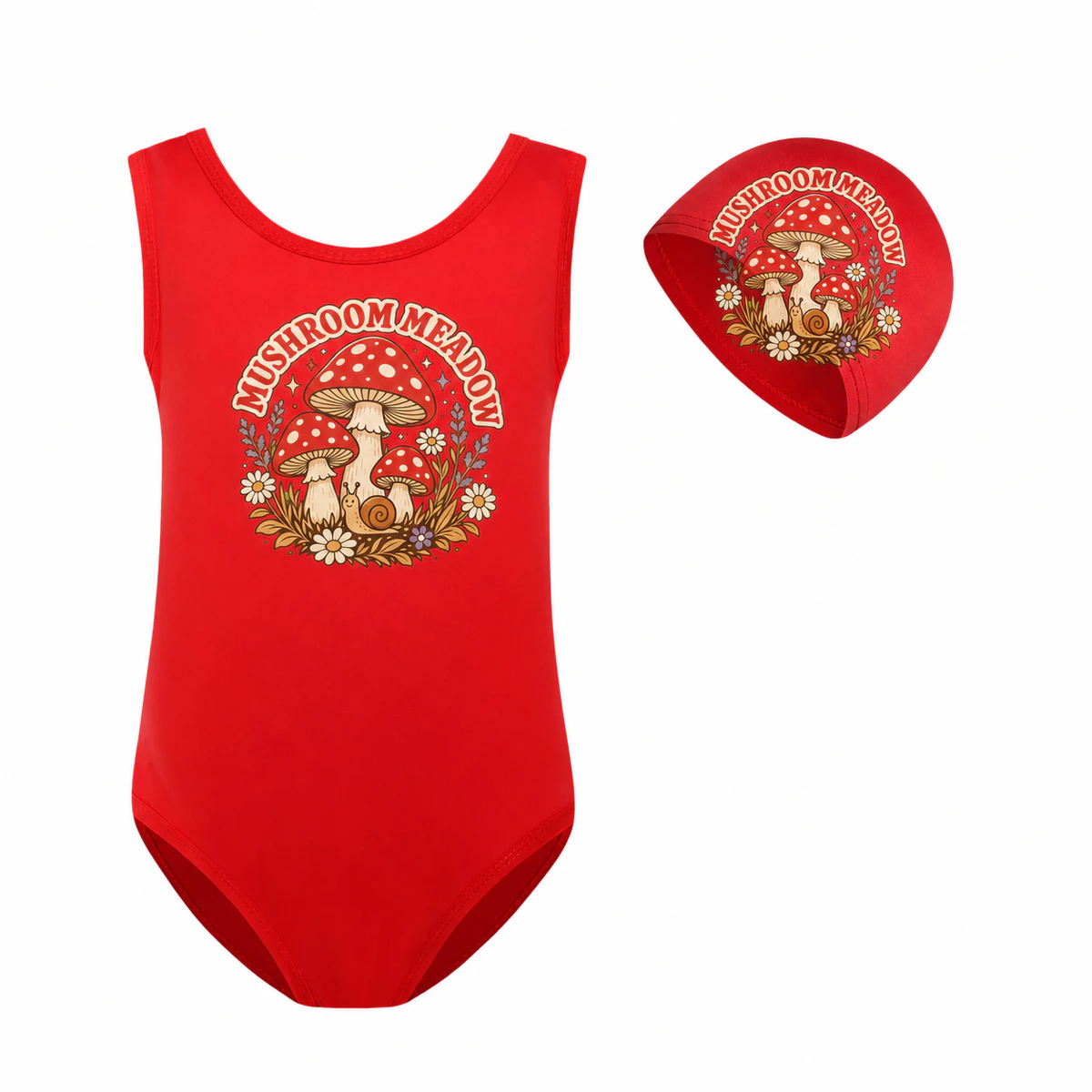 Mushroom Meadow Girls Classic Swimsuit and Cap Set for Kids product preview