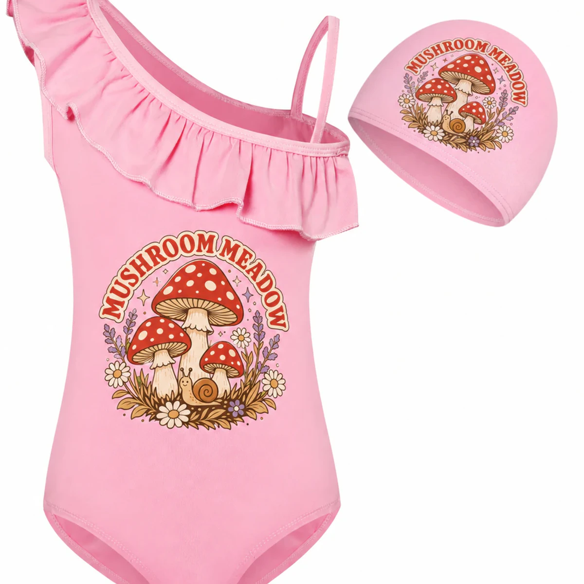 Mushroom Meadow Custom Girls Asymmetric-Ruffle Swimsuit and Cap Set AI-rendered from the exact blank product, showing integrated print and fabric detail
