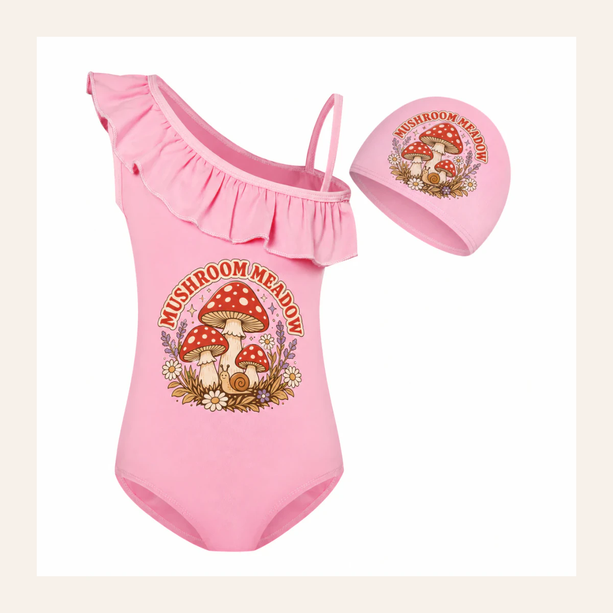 Mushroom Meadow Custom Girls Asymmetric-Ruffle Swimsuit and Cap Set AI-rendered from the exact blank product, shown in an alternate clean ecommerce presentation