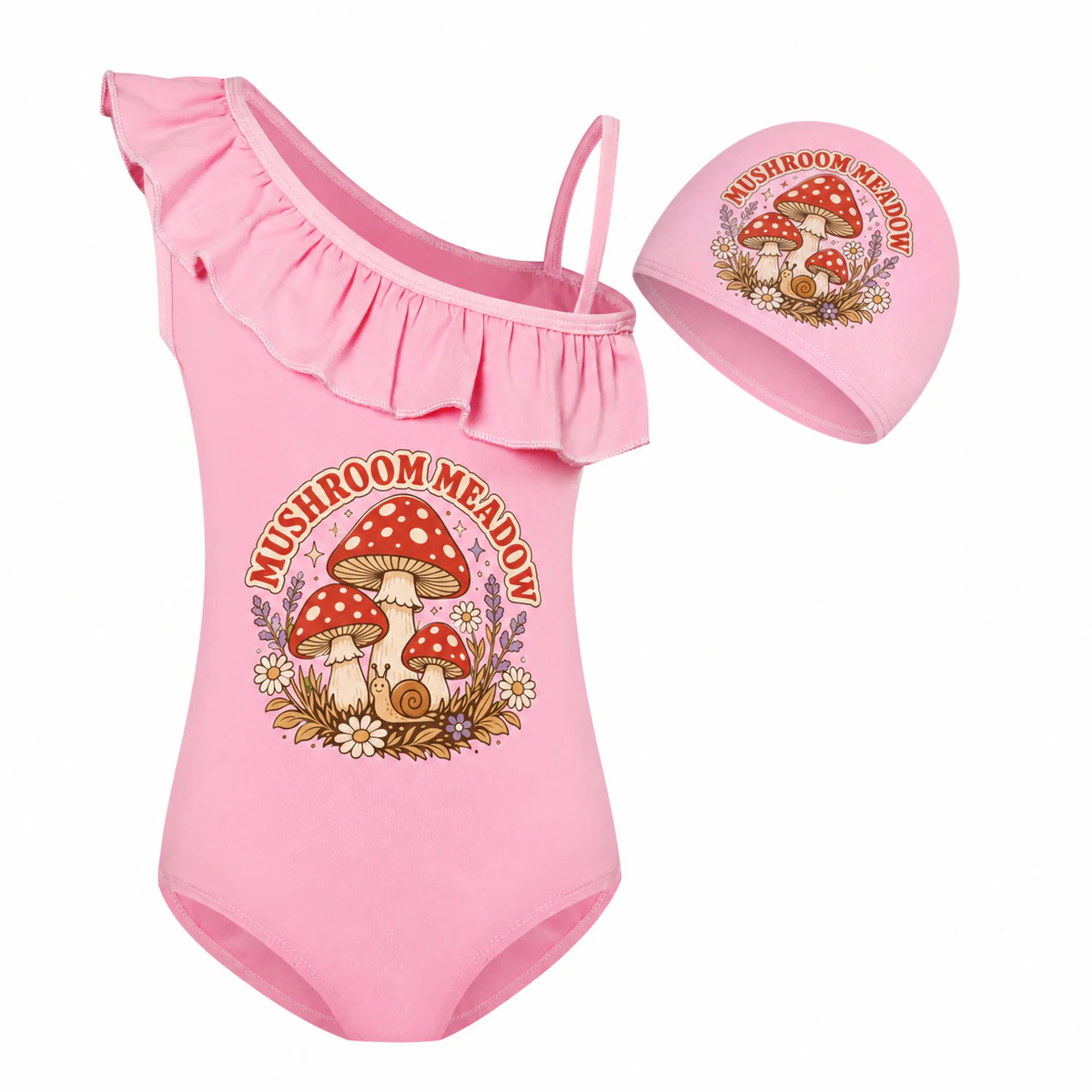 Mushroom Meadow Girls Asymmetric-Ruffle Swimsuit and Cap Set for Kids product preview