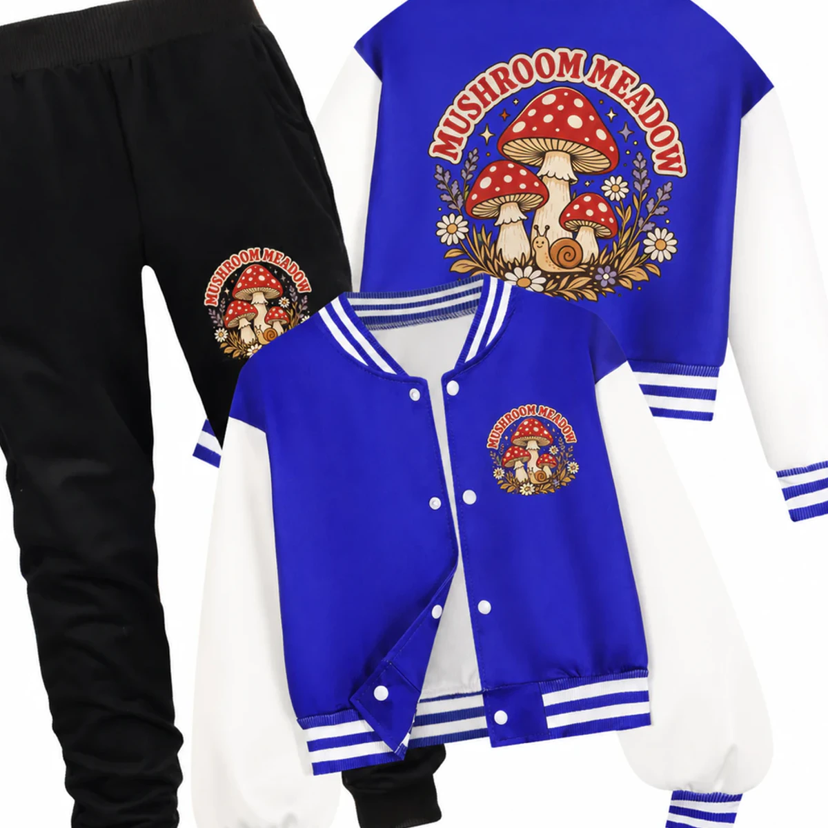 Mushroom Meadow Custom Kids Baseball Jacket and Pants Set AI-rendered from the exact blank product, showing integrated print and fabric detail