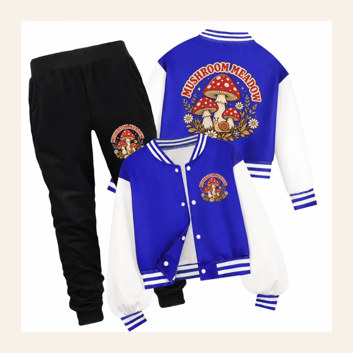 Mushroom Meadow Custom Kids Baseball Jacket and Pants Set AI-rendered from the exact blank product, shown in an alternate clean ecommerce presentation