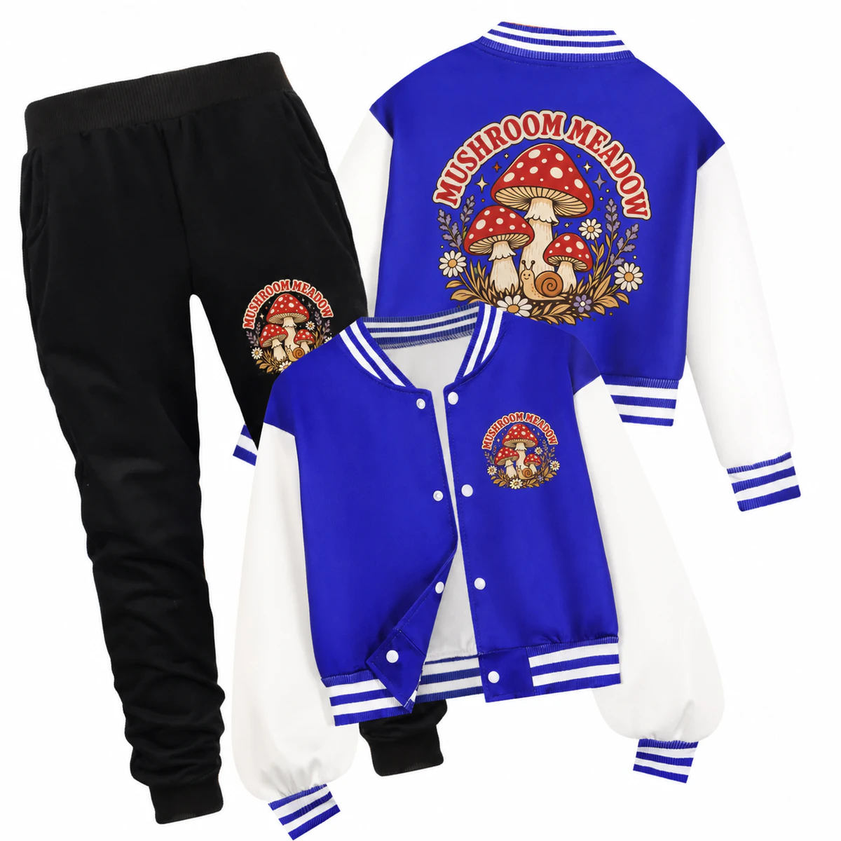 Pink · Set option for Mushroom Meadow Custom Kids Baseball Jacket and Pants Set AI-rendered from the exact blank product