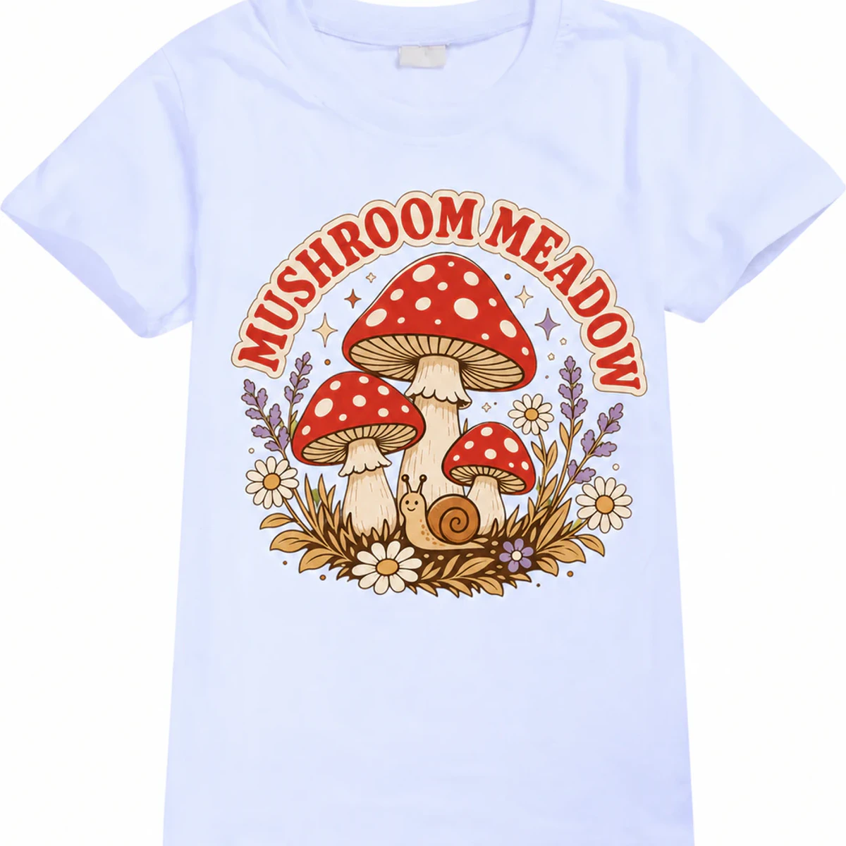 Mushroom Meadow Custom Kids Classic Short-Sleeve T-Shirt AI-rendered from the exact blank product, showing integrated print and fabric detail