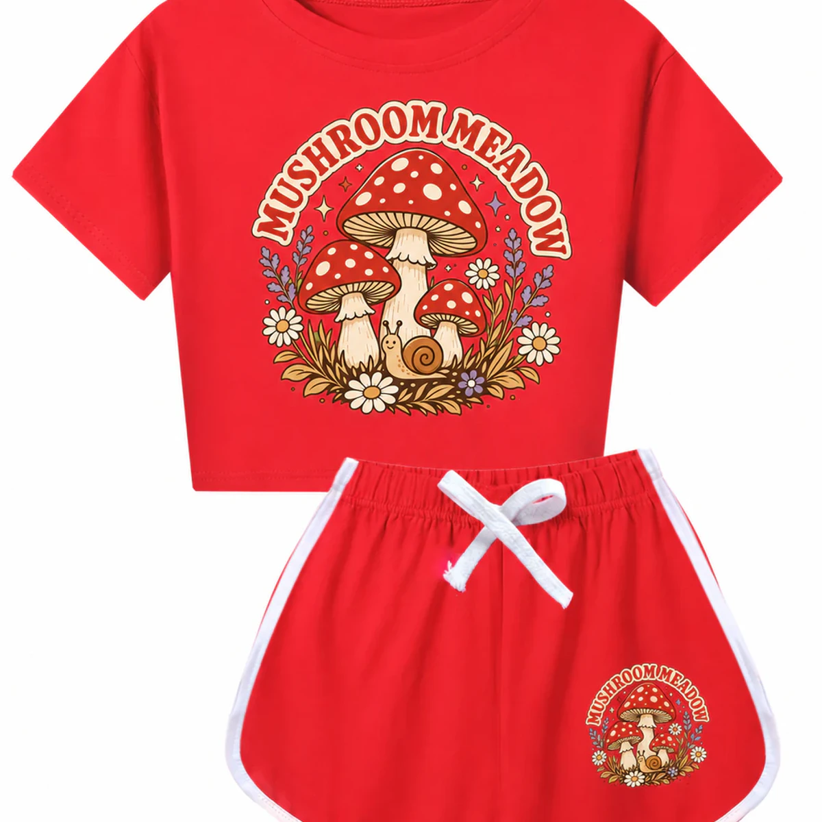 Mushroom Meadow Custom Kids Checker Short-Sleeve Top and Shorts Set AI-rendered from the exact blank product, showing integrated print and fabric detail