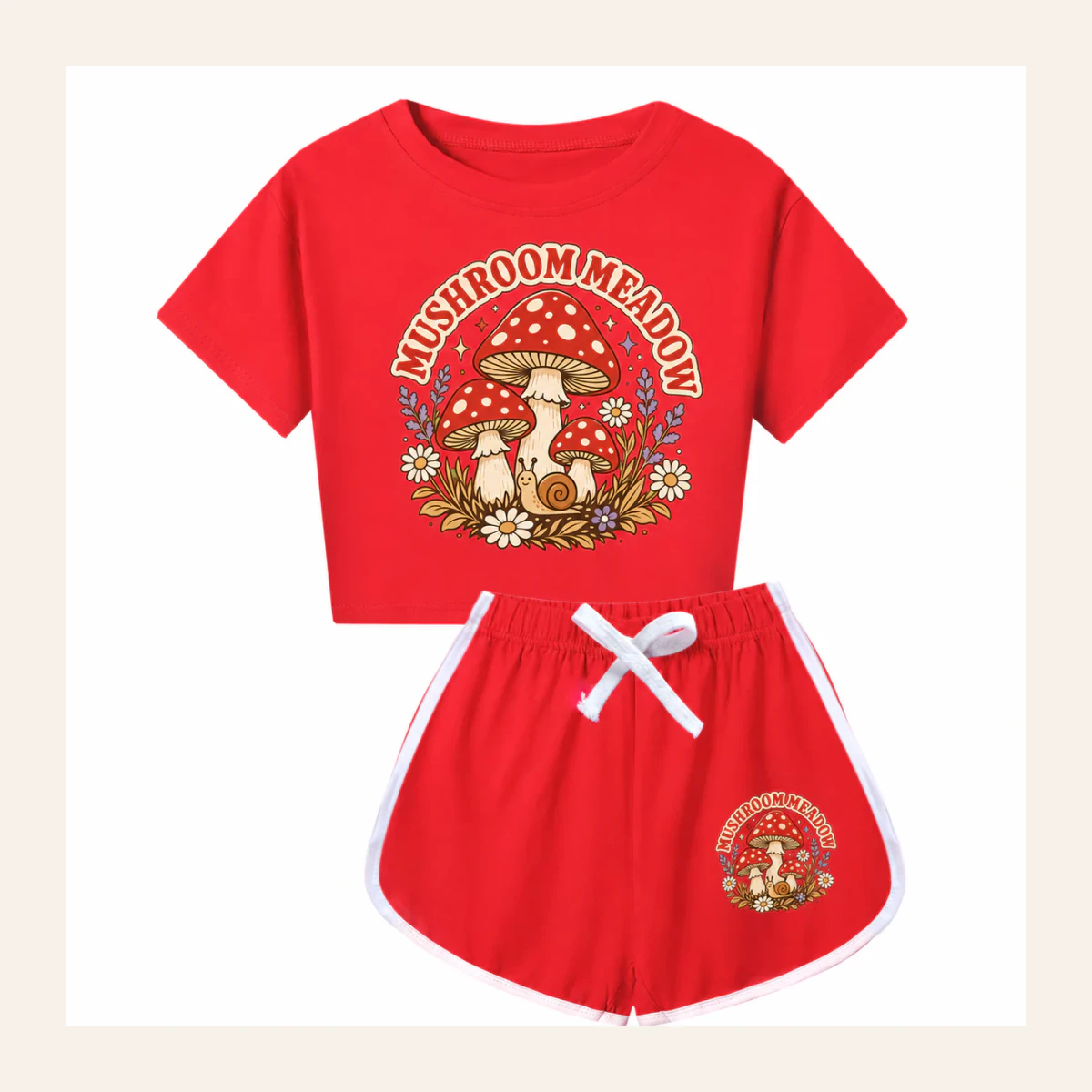 Mushroom Meadow Custom Kids Checker Short-Sleeve Top and Shorts Set AI-rendered from the exact blank product, shown in an alternate clean ecommerce presentation