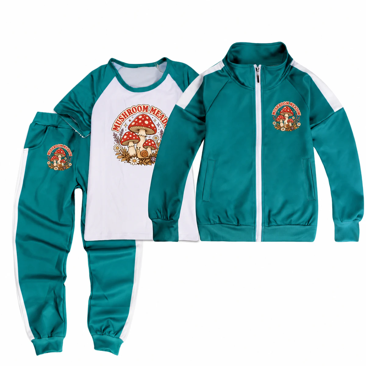 Mushroom Meadow Color-Block Three-Piece Tracksuit Set for Kids product preview