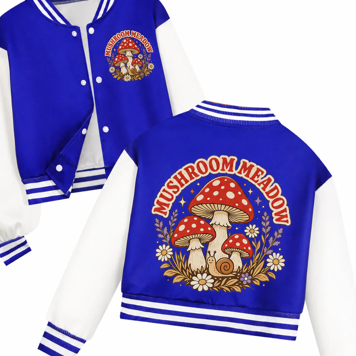 Mushroom Meadow Custom Kids Cropped Baseball Jacket AI-rendered from the exact blank product, showing integrated print and fabric detail