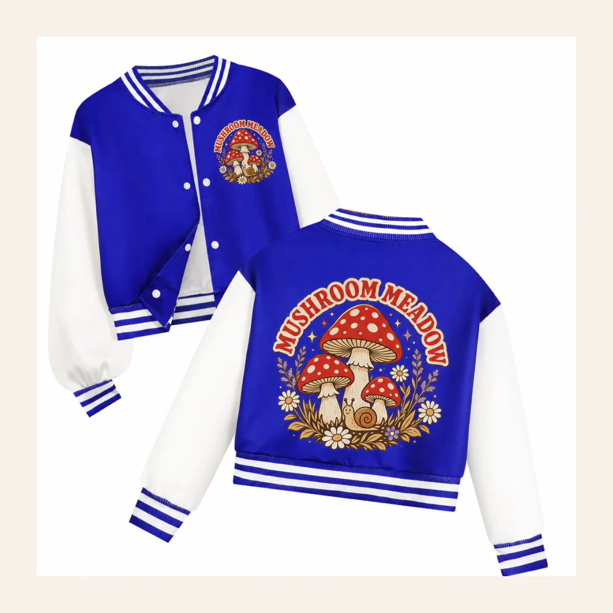 Mushroom Meadow Custom Kids Cropped Baseball Jacket AI-rendered from the exact blank product, shown in an alternate clean ecommerce presentation