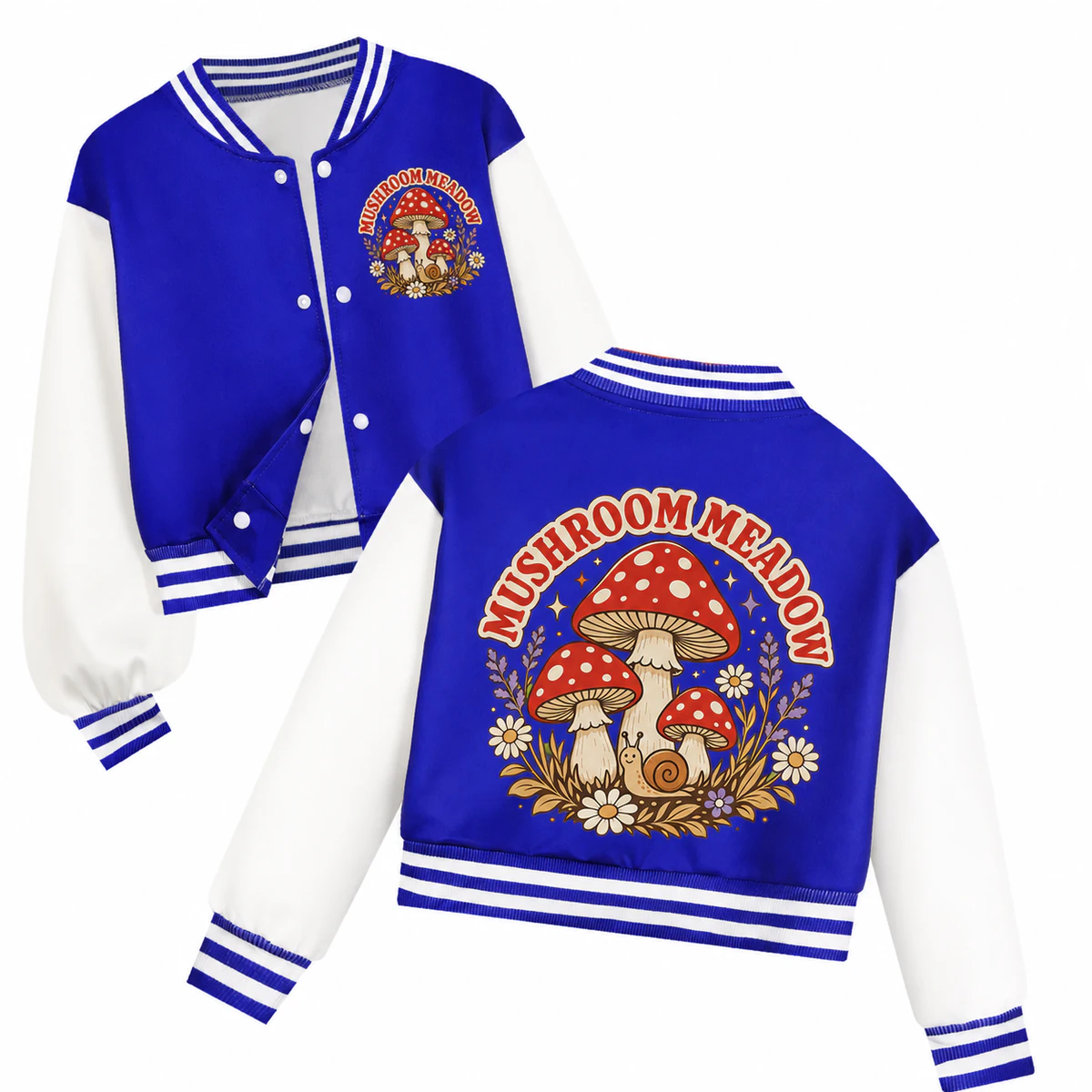 Pink option for Mushroom Meadow Custom Kids Cropped Baseball Jacket AI-rendered from the exact blank product