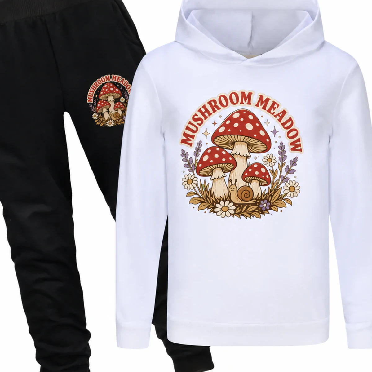 Mushroom Meadow Custom Kids Hoodie and Jogger Set AI-rendered from the exact blank product, showing integrated print and fabric detail