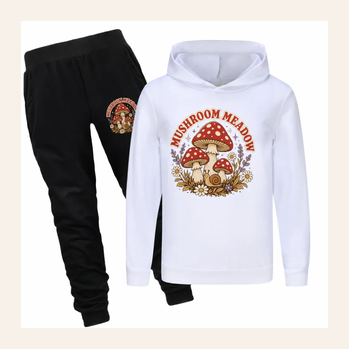 Mushroom Meadow Custom Kids Hoodie and Jogger Set AI-rendered from the exact blank product, shown in an alternate clean ecommerce presentation