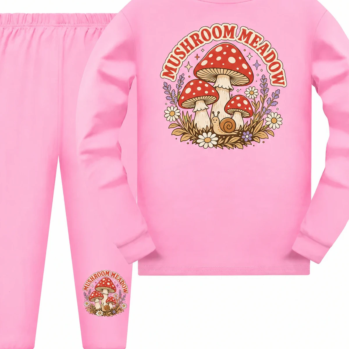 Mushroom Meadow Custom Kids Long Pajama Set AI-rendered from the exact blank product, showing integrated print and fabric detail