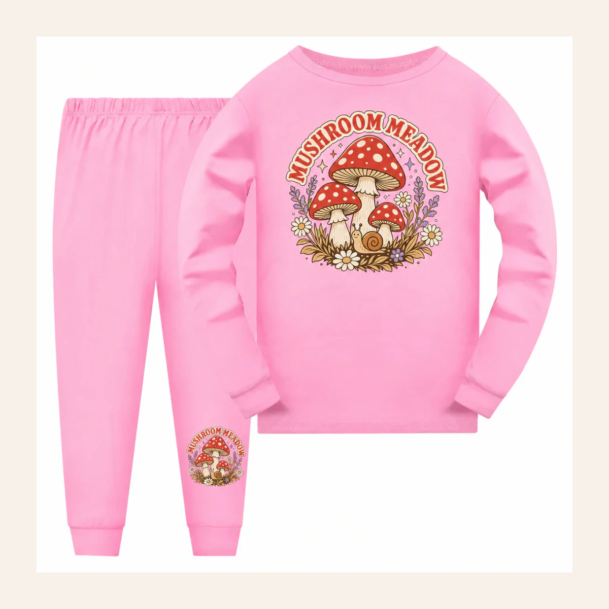 Mushroom Meadow Custom Kids Long Pajama Set AI-rendered from the exact blank product, shown in an alternate clean ecommerce presentation
