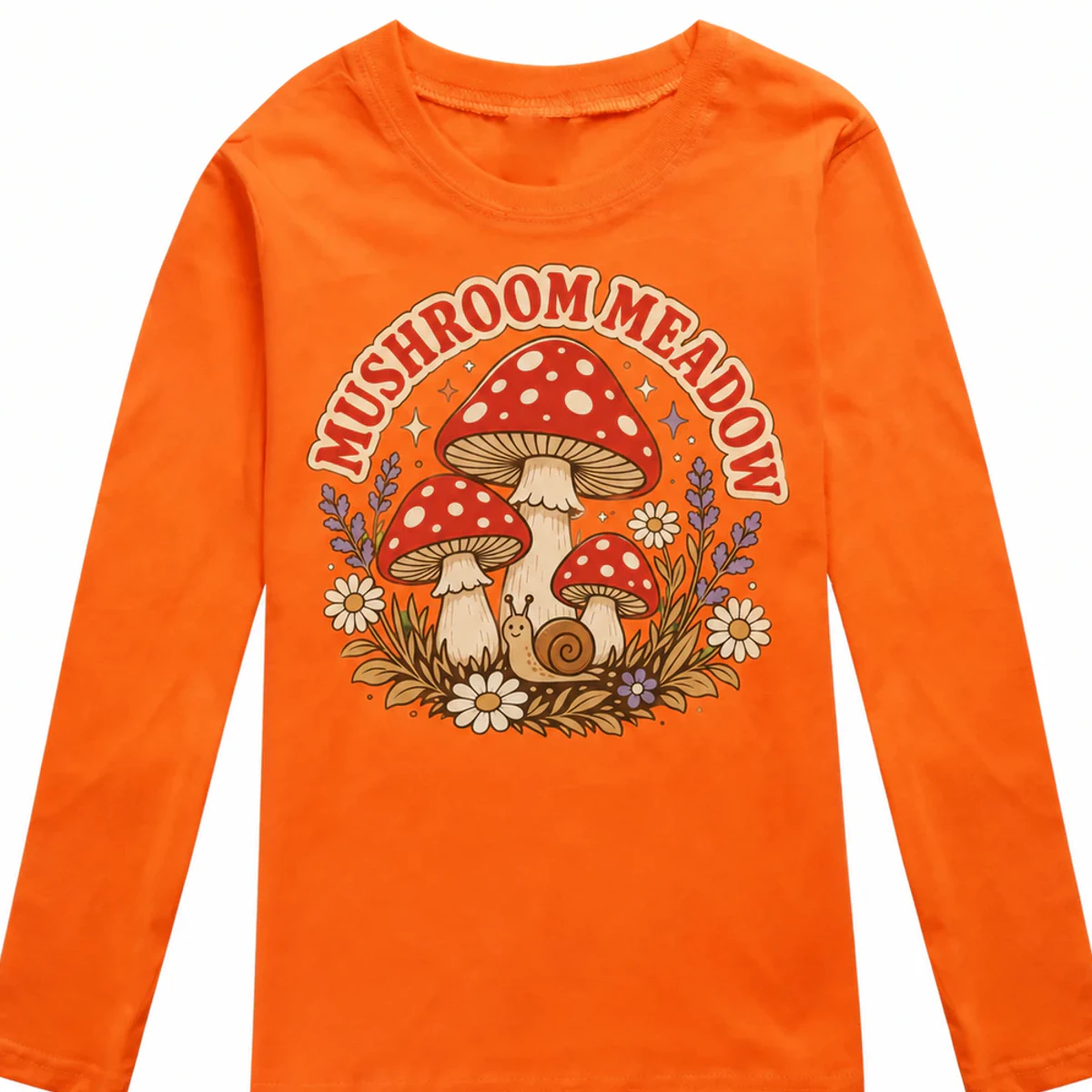 Mushroom Meadow Custom Kids Long-Sleeve T-Shirt AI-rendered from the exact blank product, showing integrated print and fabric detail