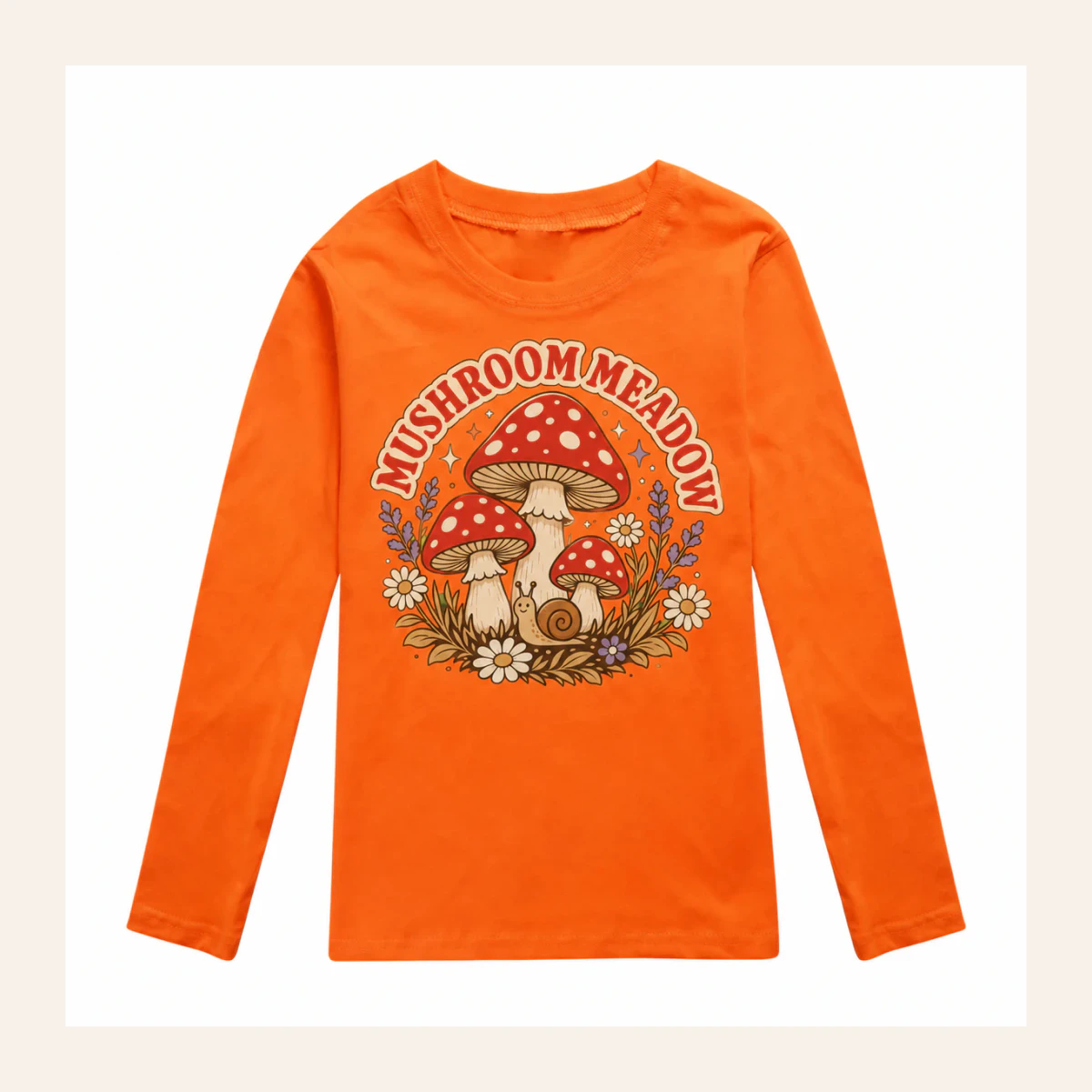 Mushroom Meadow Custom Kids Long-Sleeve T-Shirt AI-rendered from the exact blank product, shown in an alternate clean ecommerce presentation