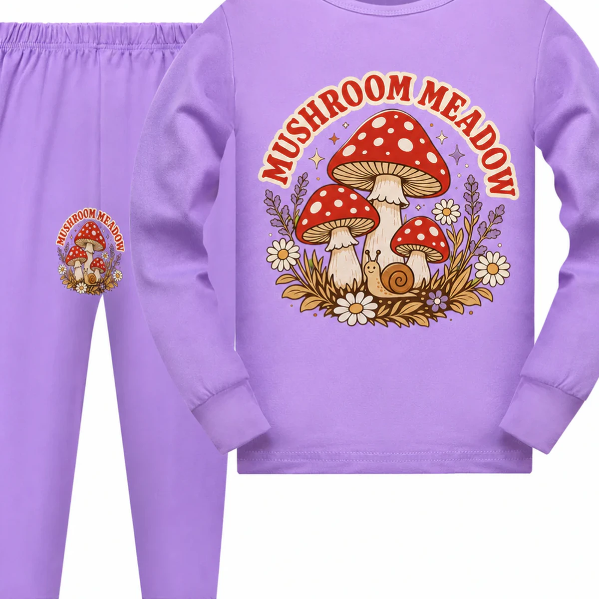 Mushroom Meadow Custom Kids Long-Sleeve Top and Pants Set AI-rendered from the exact blank product, showing integrated print and fabric detail