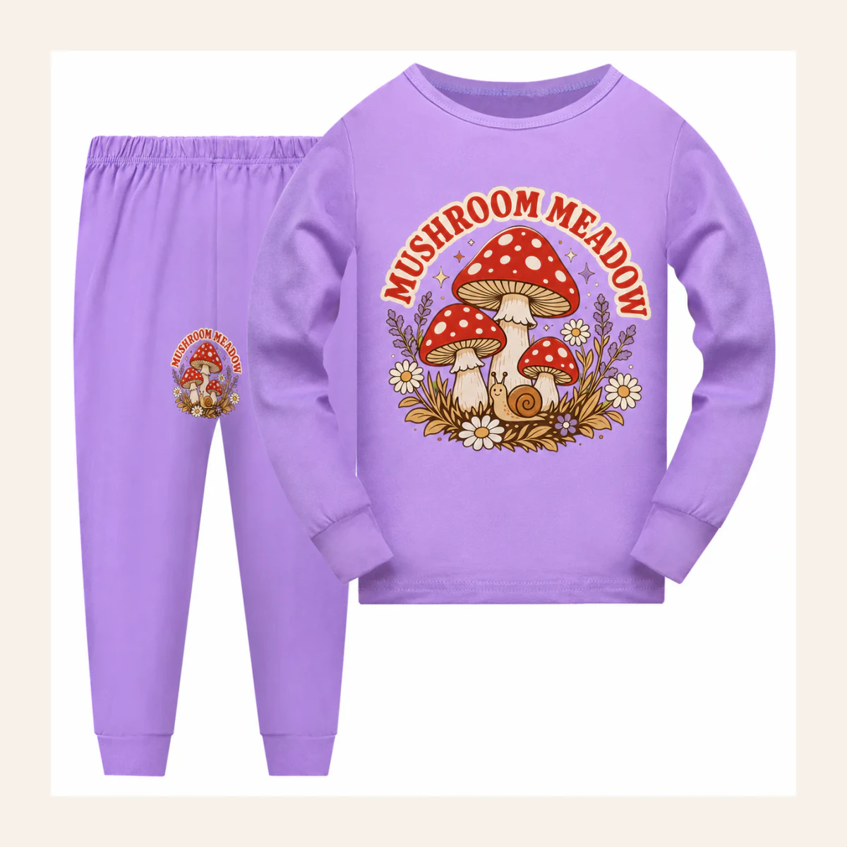 Mushroom Meadow Custom Kids Long-Sleeve Top and Pants Set AI-rendered from the exact blank product, shown in an alternate clean ecommerce presentation