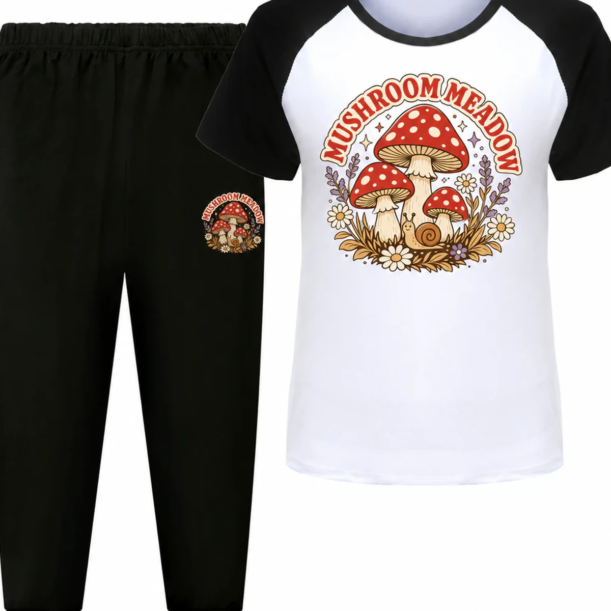 Mushroom Meadow Custom Kids Short-Sleeve Top and Long Pants Sports Set AI-rendered from the exact blank product, showing integrated print and fabric detail