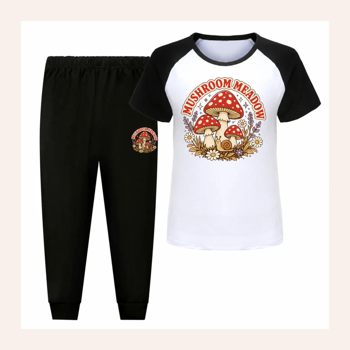 Mushroom Meadow Custom Kids Short-Sleeve Top and Long Pants Sports Set AI-rendered from the exact blank product, shown in an alternate clean ecommerce presentation