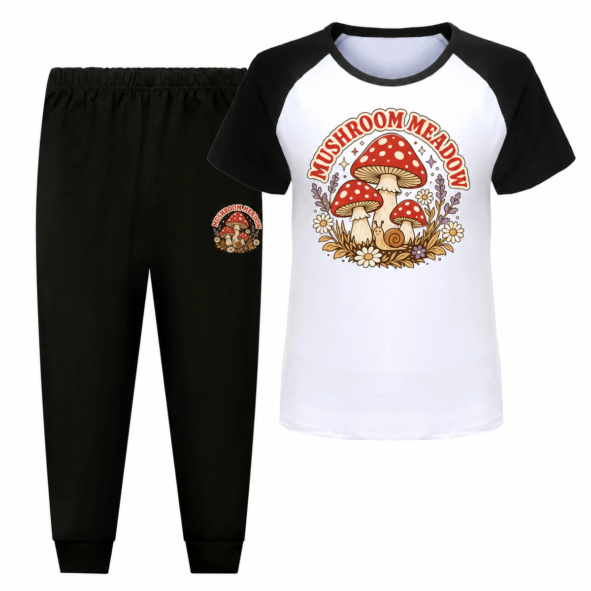 Mushroom Meadow Short-Sleeve Top and Long Pants Sports Set for Kids product preview
