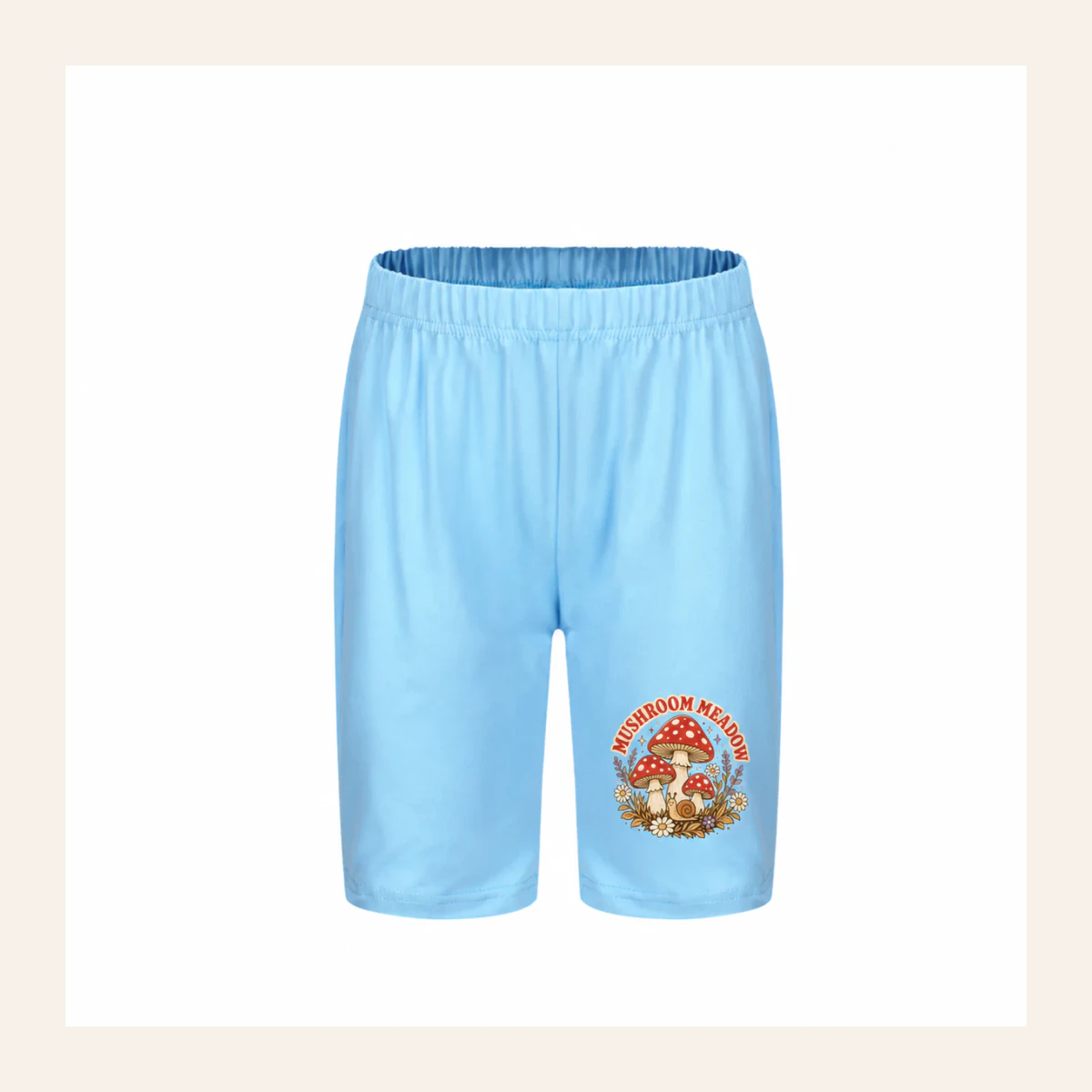 Mushroom Meadow Custom Kids Milk-Silk Pajama Shorts AI-rendered from the exact blank product, shown in an alternate clean ecommerce presentation