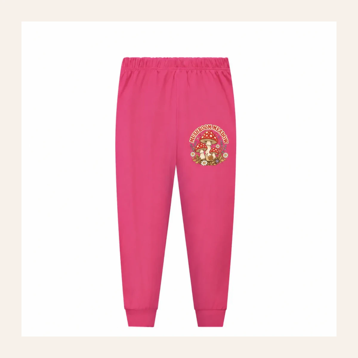 Mushroom Meadow Custom Kids Long Pajama Pants — Pants Only AI-rendered from the exact blank product, shown in an alternate clean ecommerce presentation