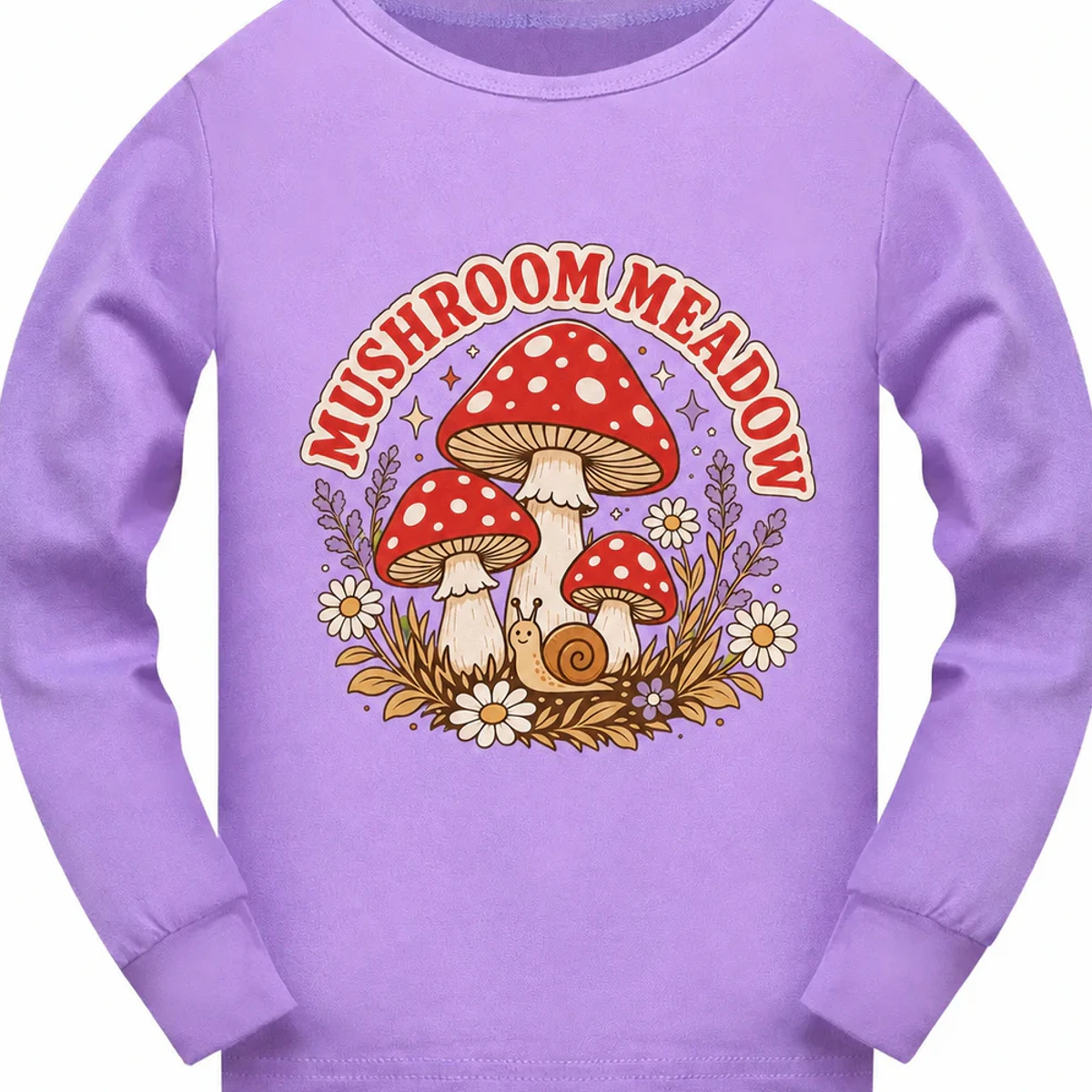 Mushroom Meadow Custom Kids Long-Sleeve Pajama Top AI-rendered from the exact blank product, showing integrated print and fabric detail