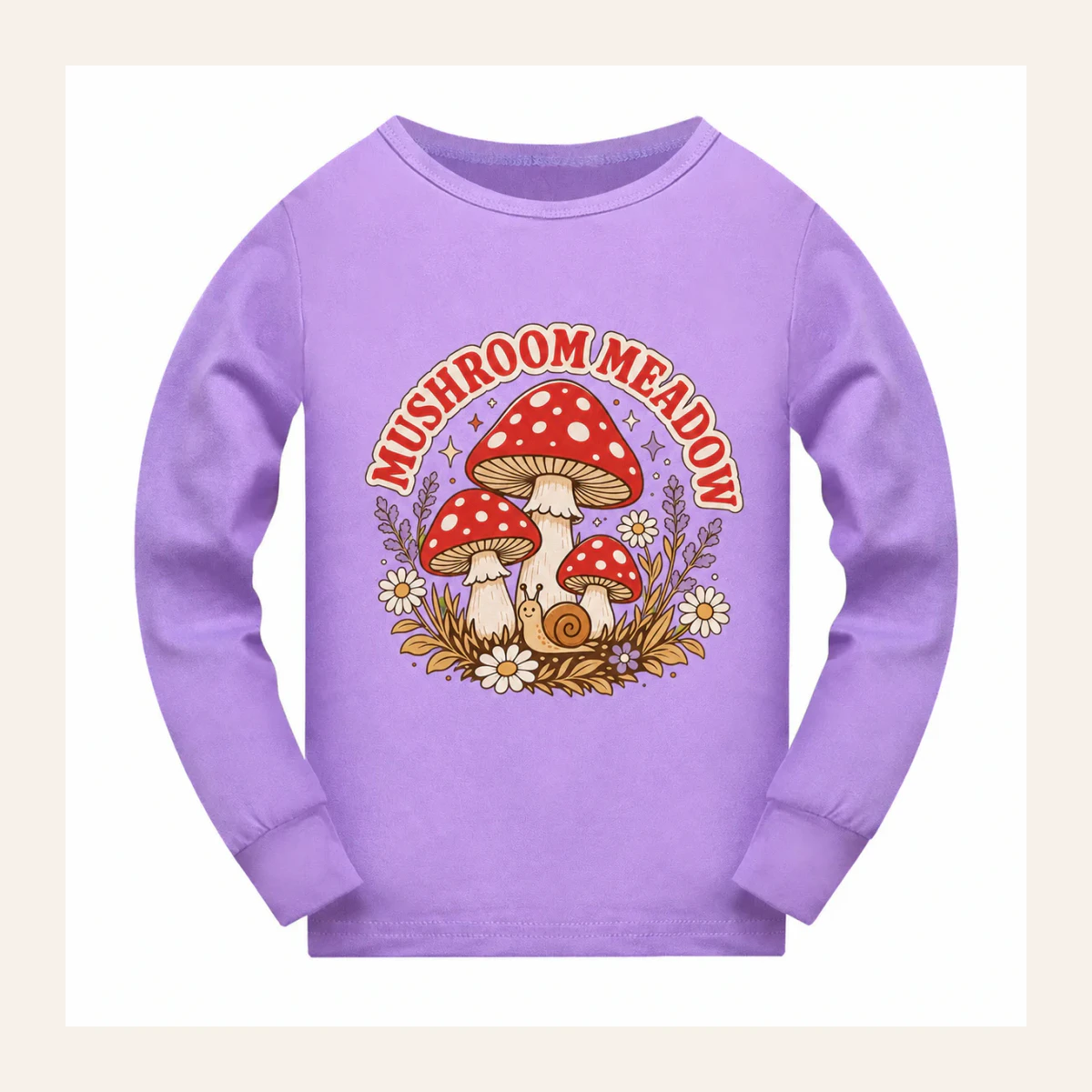 Mushroom Meadow Custom Kids Long-Sleeve Pajama Top AI-rendered from the exact blank product, shown in an alternate clean ecommerce presentation