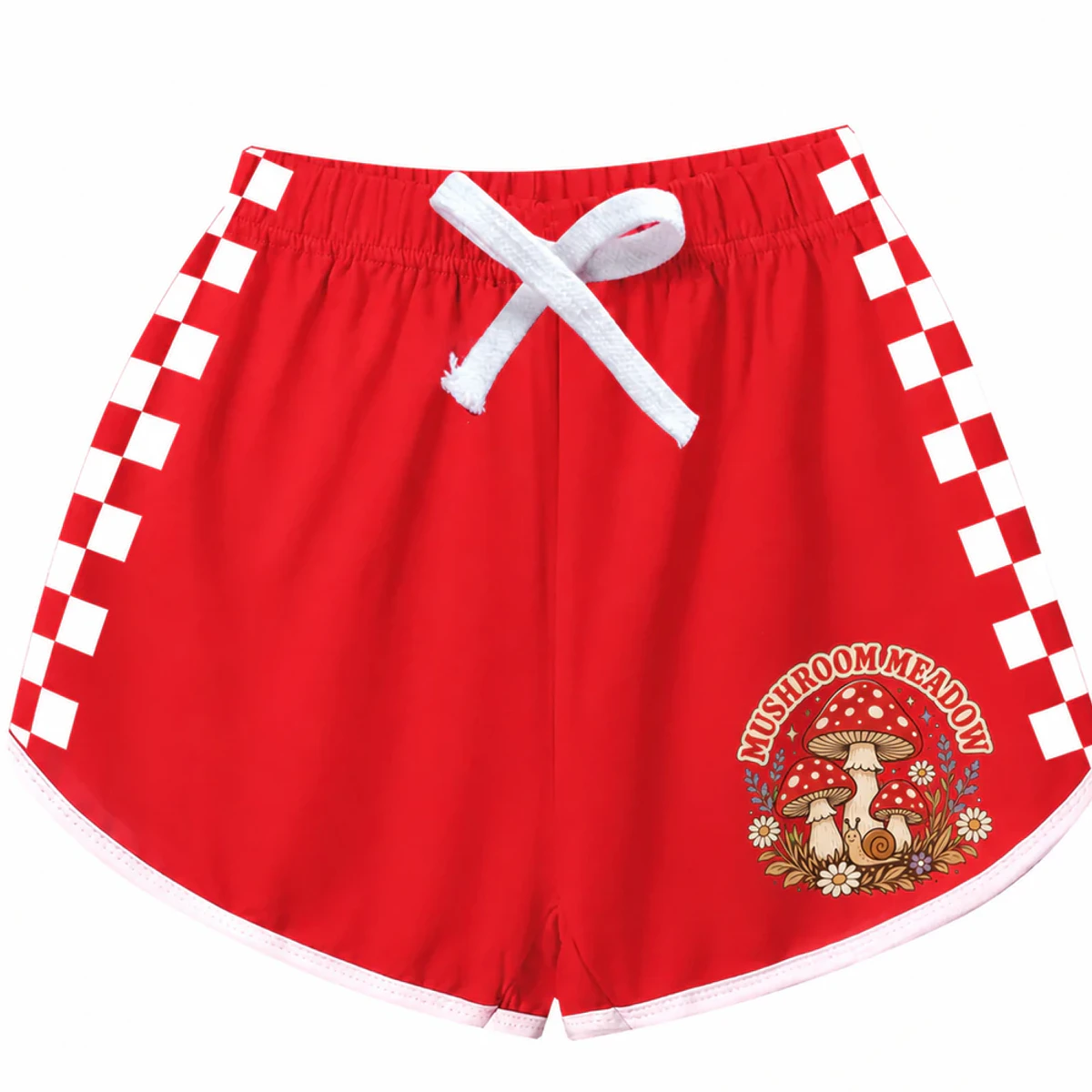 Mushroom Meadow Custom Kids Checker-Stripe Pajama Shorts AI-rendered from the exact blank product, showing integrated print and fabric detail