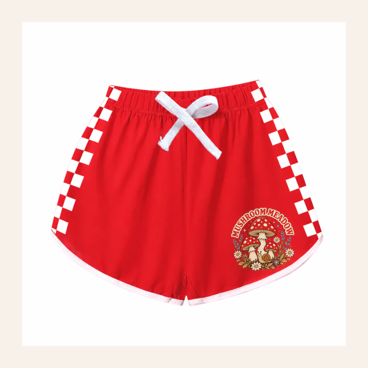Mushroom Meadow Custom Kids Checker-Stripe Pajama Shorts AI-rendered from the exact blank product, shown in an alternate clean ecommerce presentation