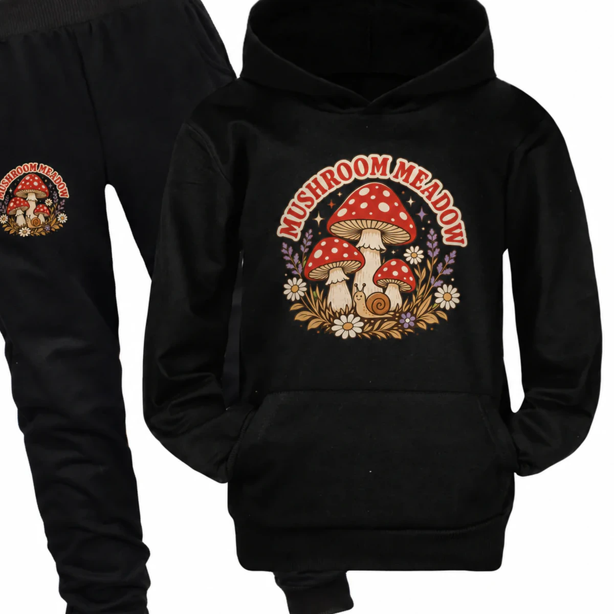 Mushroom Meadow Custom Kids Pullover Hoodie and Jogger Set AI-rendered from the exact blank product, showing integrated print and fabric detail