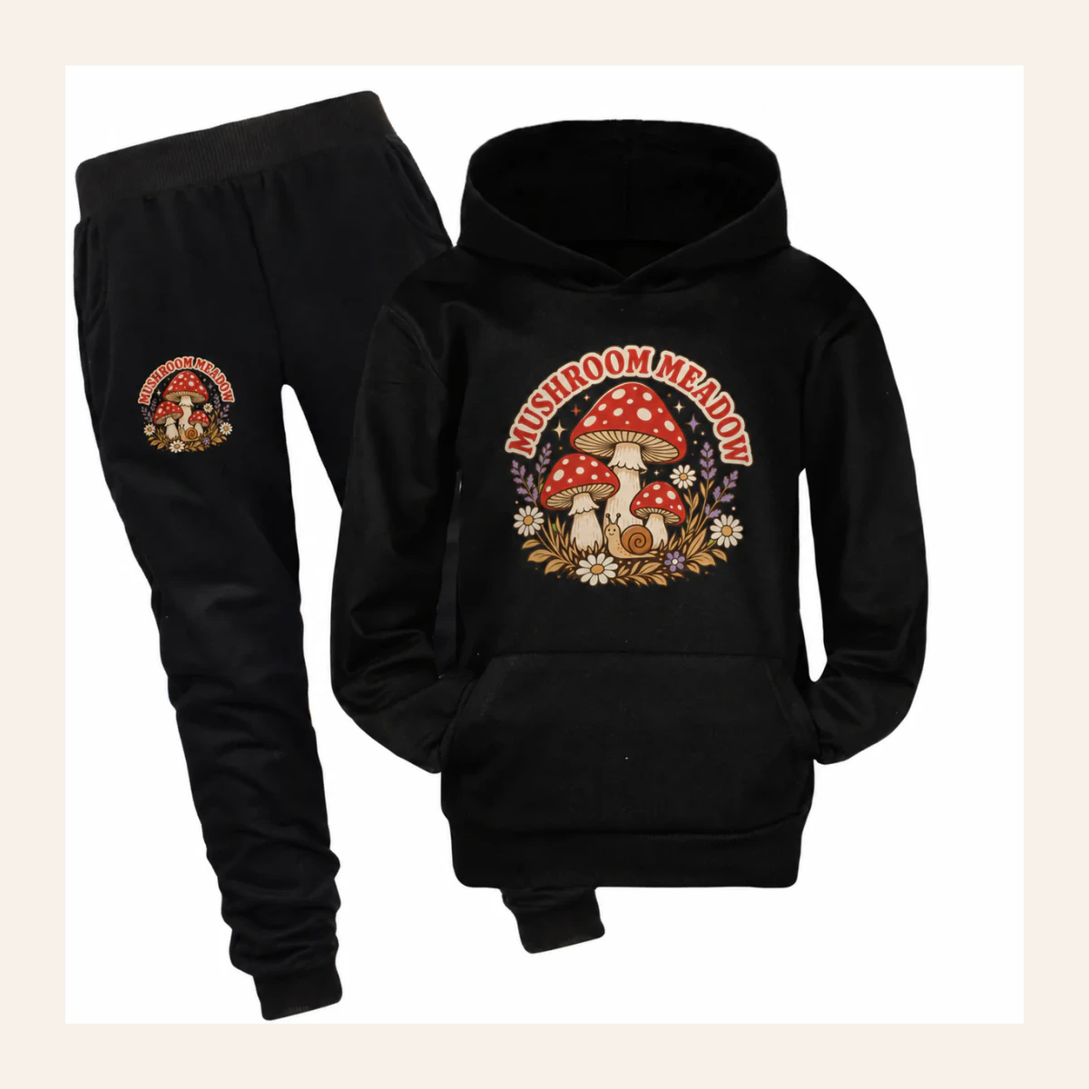 Mushroom Meadow Custom Kids Pullover Hoodie and Jogger Set AI-rendered from the exact blank product, shown in an alternate clean ecommerce presentation