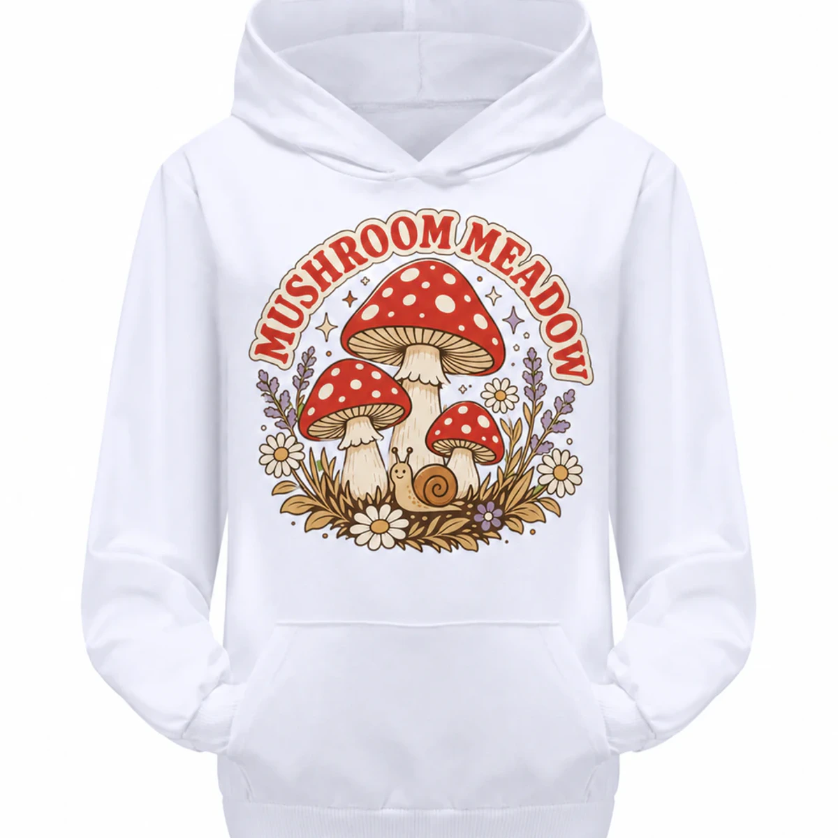 Mushroom Meadow Custom Kids Pullover Hoodie AI-rendered from the exact blank product, showing integrated print and fabric detail