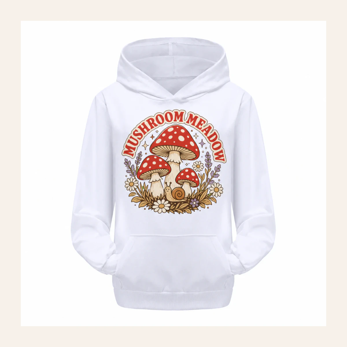 Mushroom Meadow Custom Kids Pullover Hoodie AI-rendered from the exact blank product, shown in an alternate clean ecommerce presentation