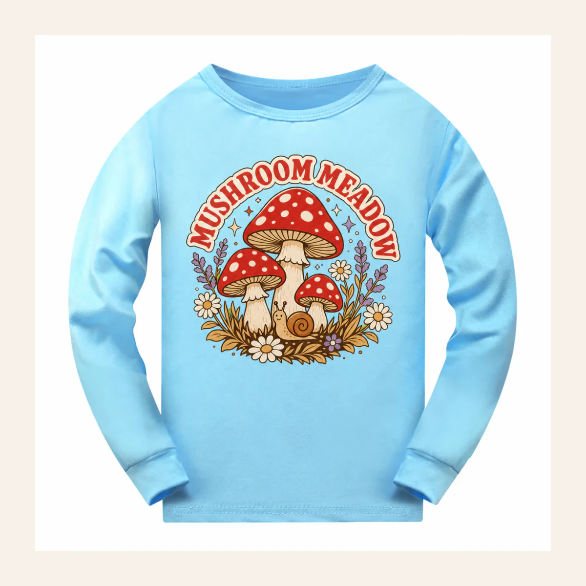 Mushroom Meadow Custom Kids Soft Long-Sleeve Top AI-rendered from the exact blank product, shown in an alternate clean ecommerce presentation